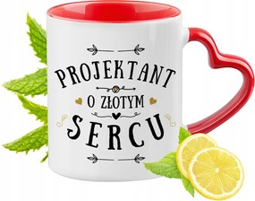 Piros bögre szív alakú füllel tervezőnek ajándékba