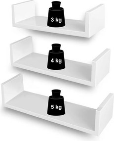 3 darabos lebegő polc szett magasfényű bevonattal, fehér 30/35/40cm