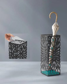 Esernyőtartó, szabadon álló esernyőtároló állvány, levehető csepegtetőtálcával, 4 akasztóval, fekete