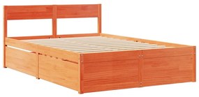 viaszbarna tömör fenyőfa ágy fiókokkal és matraccal 120x190 cm