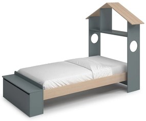 Natúr színű-szürkészöld ágyneműtartós házikó alakú gyerekágy ágyráccsal 90x190 cm borovi fenyő dekorral Odessa – Marckeric