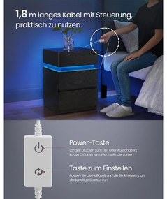 VASAGLE éjjeliszekrény LED világítással, állítható színű fény, 3 fiókos oldalasztal, 35 × 40 × 55 cm, fekete