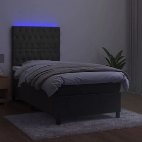 sötétszürke bársony rugós és LED-es ágy matraccal 90x200 cm