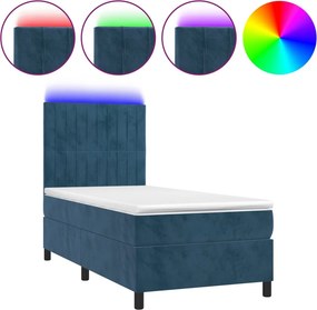 vidaXL sötétkék bársony rugós és LED-es ágy matraccal 90x200 cm