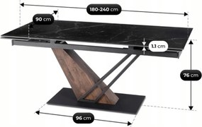 Kihúzható kerámia étkezőasztal 180–240 cm méretben, fekete márvány/dió színben REX 2