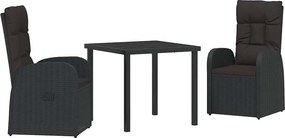 vidaXL Kert étkező szett párnával 3 pcs Fekete polirattan
