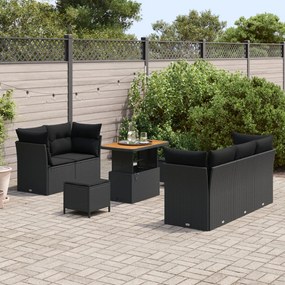 8 Darabos Kerti Sofa Szett Párnákkal Fekete Polirattan Akác, 3 Darabos Kerti Étkező Szett Párnákkal Fekete Polirattan Akác