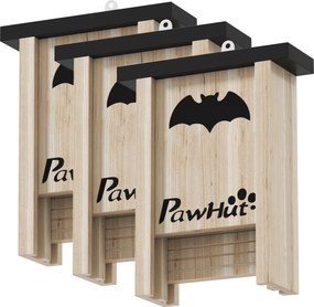 PawHut Denevéreknek Tervezett 3-as Csomag, Denevérház, Denevérfészek, Denevérdoboz Kertbe, Gyümölcsöskertbe, Tanyákra, Természetes Fenyőfából, 18 x 6