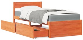 viaszbarna tömör fenyőfa ágy fiókokkal és matraccal 90 x 200 cm
