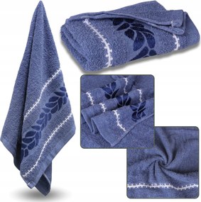 Kék hímzett pamut törölköző, fürdőlepedő levelek 70x135cm x1