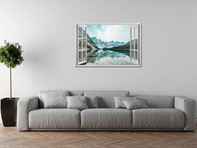 Gario Vászonkép Nyitott ablak Türkizkék tó Méret: 90 x 60 cm