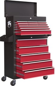 HOMCOM Kerekes Műhelykocsi 14 Fiókkal, Zárható Szerelő Kocsi Oldalsó Perforált Panellel, EVA Tányérok, Mobil Görgős Kocsi, Piros | Aosom