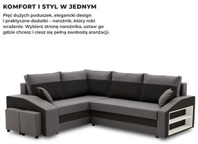 Grande sarokkanapé polcokkal és puffokkal , polc a jobb karfaban puffok a bal karfaban, baloldali, szövet anyag, bonell töltet, szürke - fekete