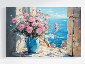 Vászonkép Canvas Olaj Ablak Kilátás Tenger Dél Virágok Váza 60x40