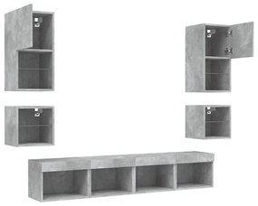 8 darab betonszürke szerelt fa fali TV-bútor LED-del