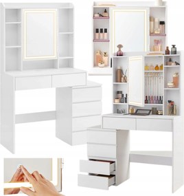 fésülködőasztal Fehér tükör fiókokkal Asztal Kozmetikai íróasztal Led komód