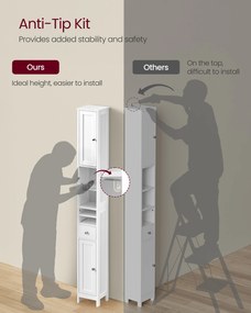 Magas fürdőszobai szekrény, keskeny, állítható polcokkal, modern, felhőfehér