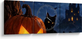 Kép - Fekete macska egy világító halloweeni tök mellett (órával) (90x30 cm)
