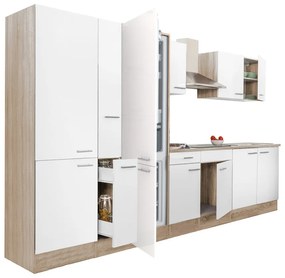 Yorki 360 konyhabútor sonoma tölgy korpusz,selyemfényű fehér fronttal polcos szekrénnyel és alulfagyasztós hűtős szekrénnyel