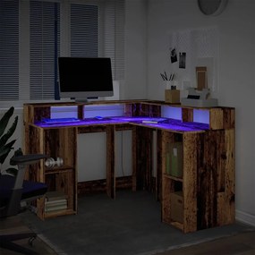 antik fa színű szerelt fa íróasztal LED-ekkel 130 x 130 x 91 cm