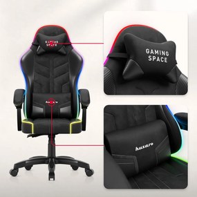 Gamer szék, forgó, ergonómikus, RGB világítással, fekete