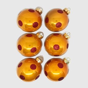 Narancssárga-piros pöttyös kézzel festett karácsonyi üveggömb szett 8 cm 6 db