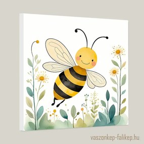 Vidám méhecske a virágok között illusztráció akvarell – gyerekszoba hangulat 40x40cm
