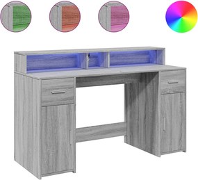 vidaXL szürke sonoma színű szerelt fa íróasztal LED-ekkel 140x55x91 cm