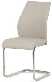 Scaun de dining cu bază de sanie, tapițerie din piele ecologică de culoare crem, bază de sanie din oțel inoxidabil periat.