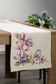 Magnólia virágmintás gobelin asztali futó Natúr 40x100 cm +/-5%