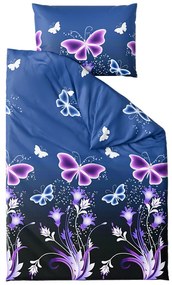 Mikroplüss ágyneműhuzat szett VIOLET BUTTERFLY sötétkék + mikroplüss lepedő SOFT 180x200 cm fehér, dupla ágyhoz