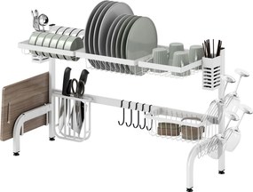 HOMCOM Mosogató Fölötti Edény Szárító Állvány 2 Szintes Acél Edény Drainerek Vágódeszka Tartóval és Evőeszköz Szervezővel 100x30x54.5 cm Fehér | Aosom