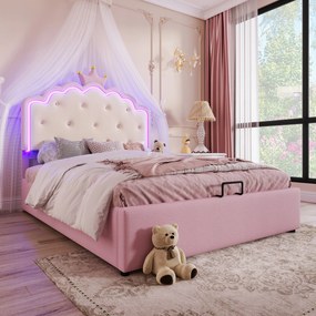Kárpitozott ágy 140x200cm hercegnők Hidraulikus dupla Pu, rózsaszín