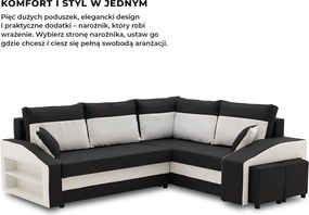 Grande sarokkanapé polcokkal és puffokkal , polc a bal karfaban puffok a jobb karfaban, jobboldali, szövet anyag, hab töltet, fekete - fehér