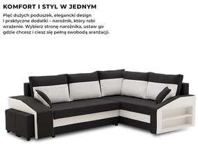 Grande sarokkanapé polcokkal és puffokkal , polc a jobb karfaban puffok a bal karfaban, jobboldali, szövet anyag, bonell töltet, fekete - fehér