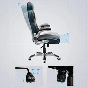 Ergonomikus irodai forgószék felhajtható karfákkal és állítható fejtámlával, fekete PU műbőr, 150 kg