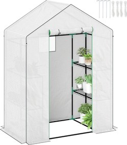 Outsunny Üvegház Görgős Ajtóval, Ablakkal és Polcokkal, Télálló Acélvázas Üvegház Erkélyre, Kertbe, Paradicsom Ház 143 x 74 x 190 cm, Fehér | Aosom