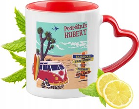 Piros bögre szív alakú füllel Hubertnek ajándékba