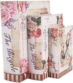 Rózsás-biciklis könyv alakú vintage fa tároló doboz szett 3 részes