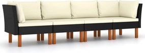 vidaXL fekete 4 személyes polyrattan kerti kanapé párnákkal