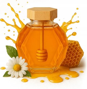 Üveg Tároló Mézes Maja 200 ml Hexagon fa dugó ajándék