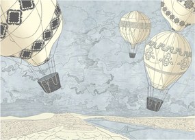 Kép - léggömbök a város felett, hűvös tónusok (üvegen) (70x50 cm)