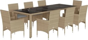 vidaXL 9 részes bézs polyrattan/üveg kerti étkezőgarnitúra párnákkal