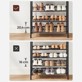5 szintes cipőtartó 20–25 pár cipőhöz, 4 állítható hálós polccal, 75 x 28 x 93 cm, rusztikus barna és fekete