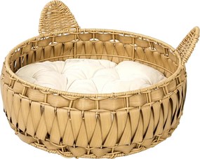PawHut Rattan macskafekhely, macskabarlang levehető párnával, macskakosár 10 kg-ig, világosbarna