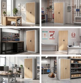Fém szekrény tárolórekesszel, fehér/sonoma tölgy, 900x1850x450 mm: TOMASZ Eco Design