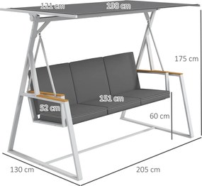 Outsunny 3-személyes Kerti Hinta, Állítható Tetőelhelyezéssel, Mattressel, Acél Konstrukció, Méretek: 205L x 130W x 175H cm, Sötétszürke | Aosom