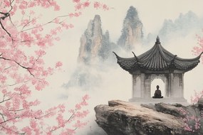 Vászonkép Canvas Japán Ázsia Templom Meditáció Cseresznye Hegyek 120x80