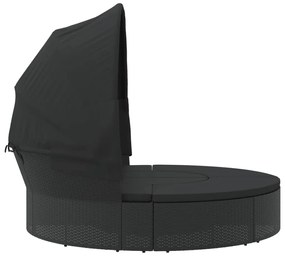 Fekete polyrattan kültéri napozóágy napellenzővel és párnákkal