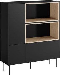 Desin magas komód 120 cm kétajtós fiókkal és nyitott polcokkal - fekete matt / nagano tölgy